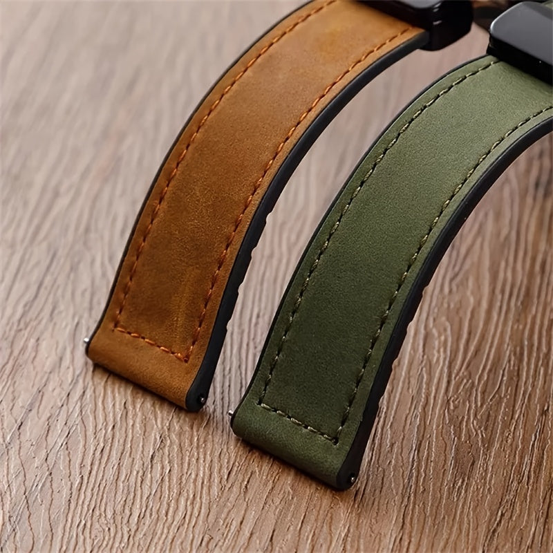Sintetik charmli smart soat tasmasi, 22mm/20mm o'lchamda Samsung, Garmin, Xiaomi va Huawei kabi turli brendlar bilan mos keladi. Zamonaviy uniseks dizayni, suvga chidamli va magnit xususiyatlariga ega.