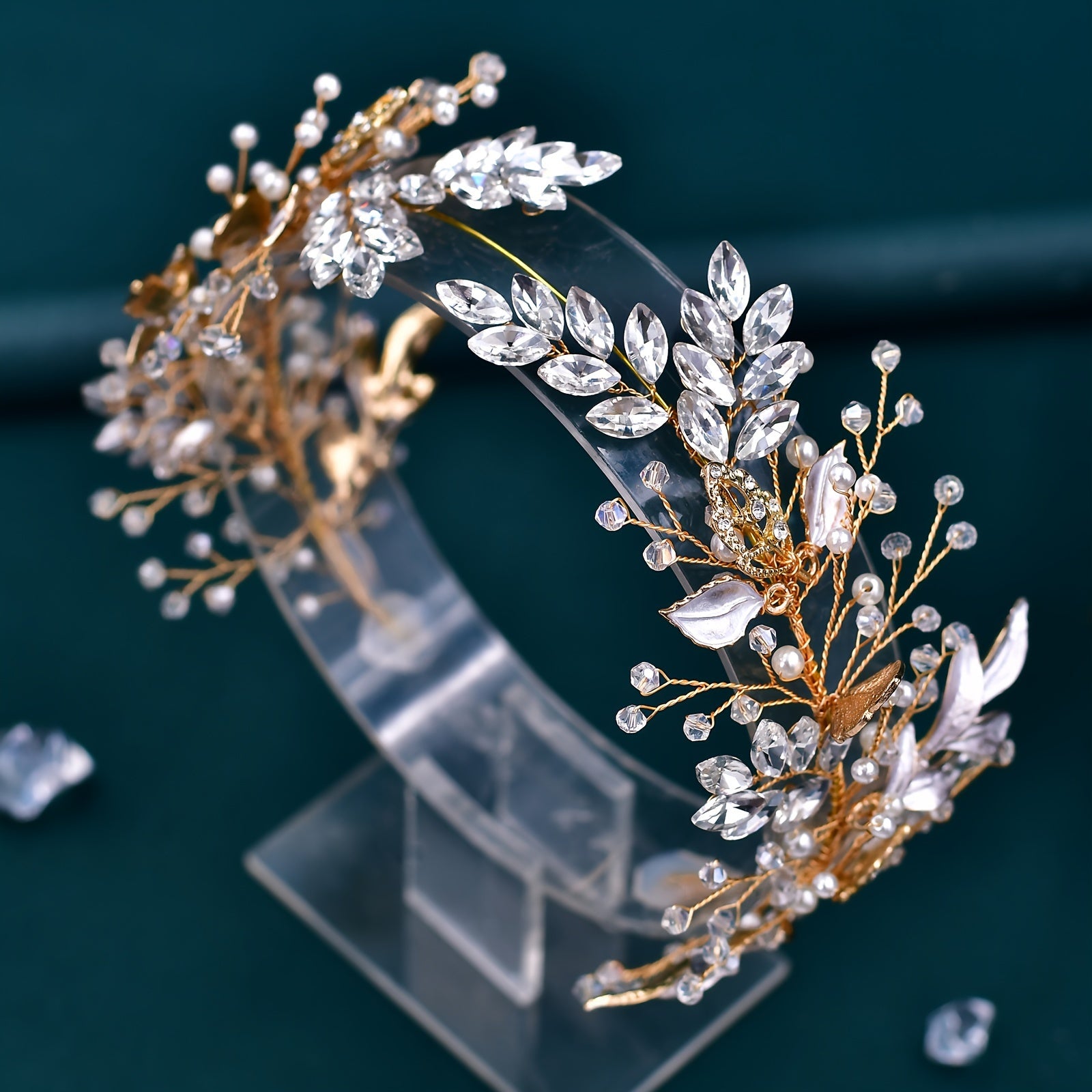 Handmade Beaded Hair Headband with Rhinestones for Bridal Wedding Dresses