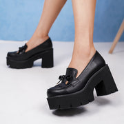 Women's Black Platform Pumps with Bow Accent High Heel Round Toe Rubber Sole