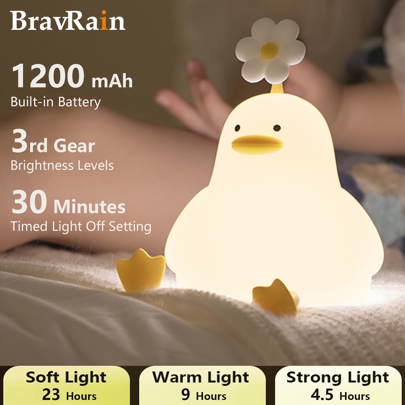 Silicone Duck Night Light for Bed with Adjustable Brightness USB Powered Kids Gift