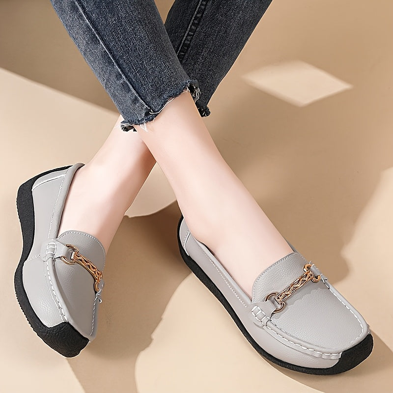 Women's Faux Leather Slip-On Loafers with Golden Chain Accents for Casual All-Season Use