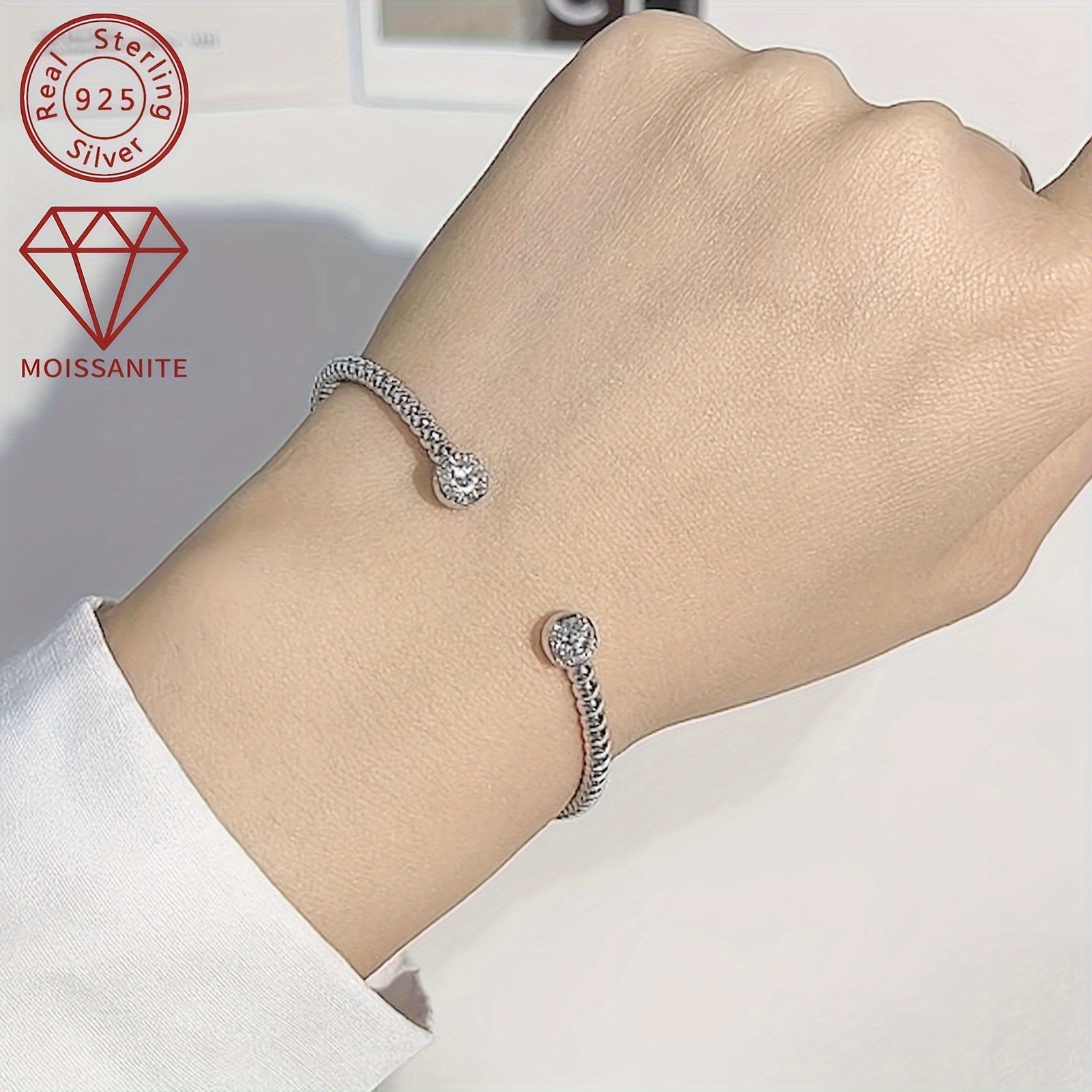 Women's Silver Bangle with Mozambique Stones 925 Solid Silver 10.19g 1.0ct