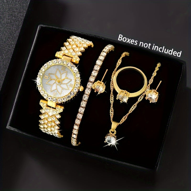 6-Piece Women's Gold-Tone Quartz Watch Jewelry Set with Rhinestones Vintage Gift