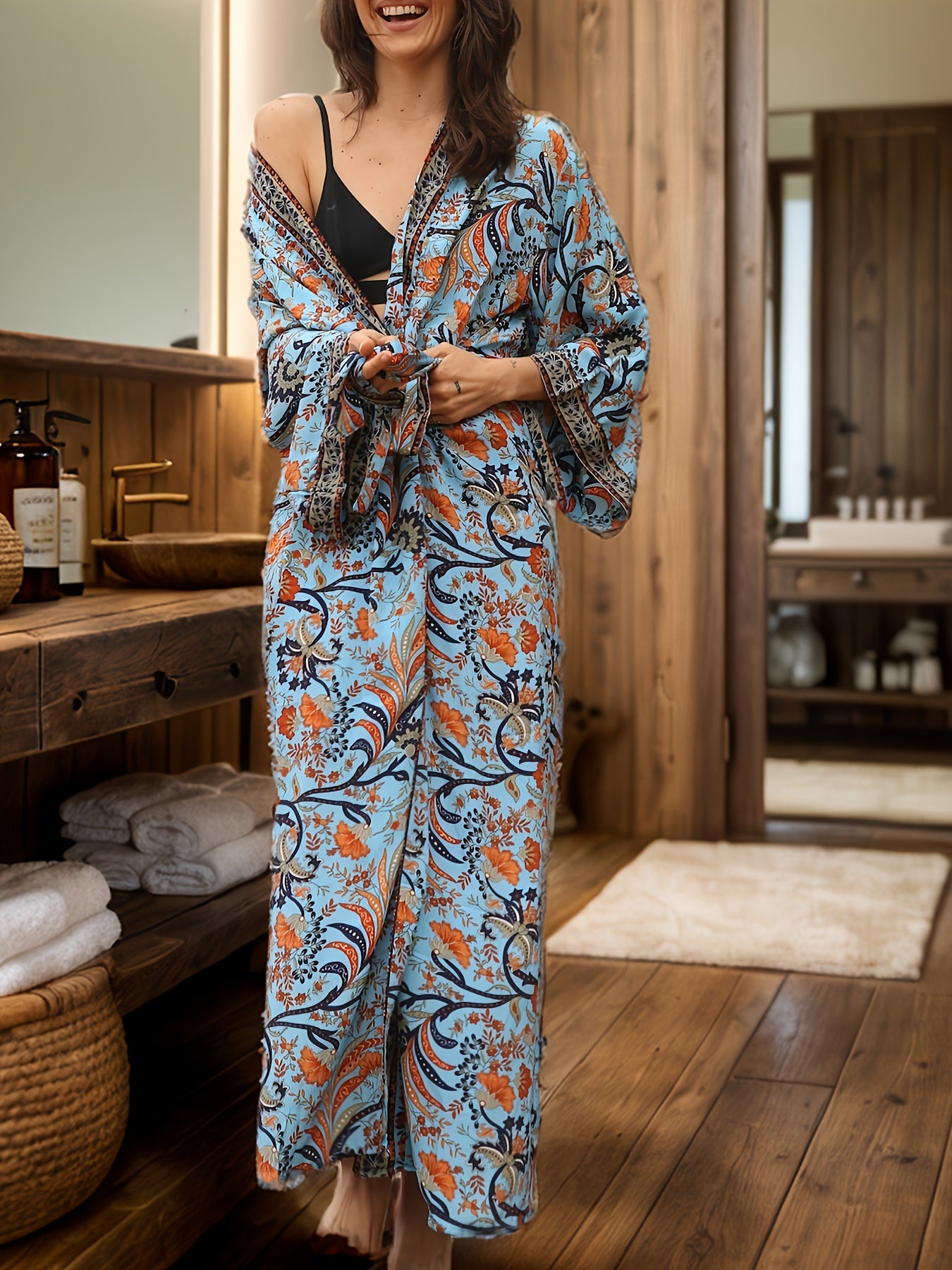 Плюс сайз бохо длинное платье с полным принтом, V-образным вырезом, завязками на талии для весны, лета, осени