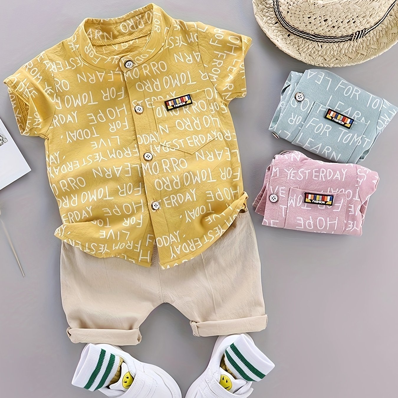 Kids Boys Summer Short-Sleeve Shirt and Shorts Set with Collar Alphabet Pattern Casual Clothing