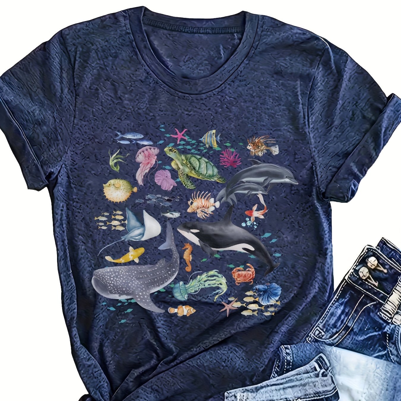 Plus o'lcham ayollar uchun Marine Life print Crew Neck T-shirt qisqa sleeve kundalik ko'ylak