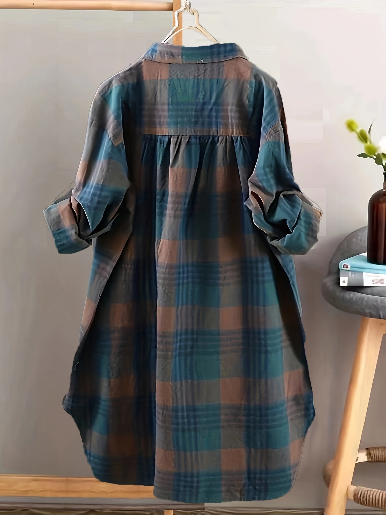 Plus Size Women's Plaid Button-Up Shirt Casual Long Sleeve Checkered Blouse Blue Brown Black