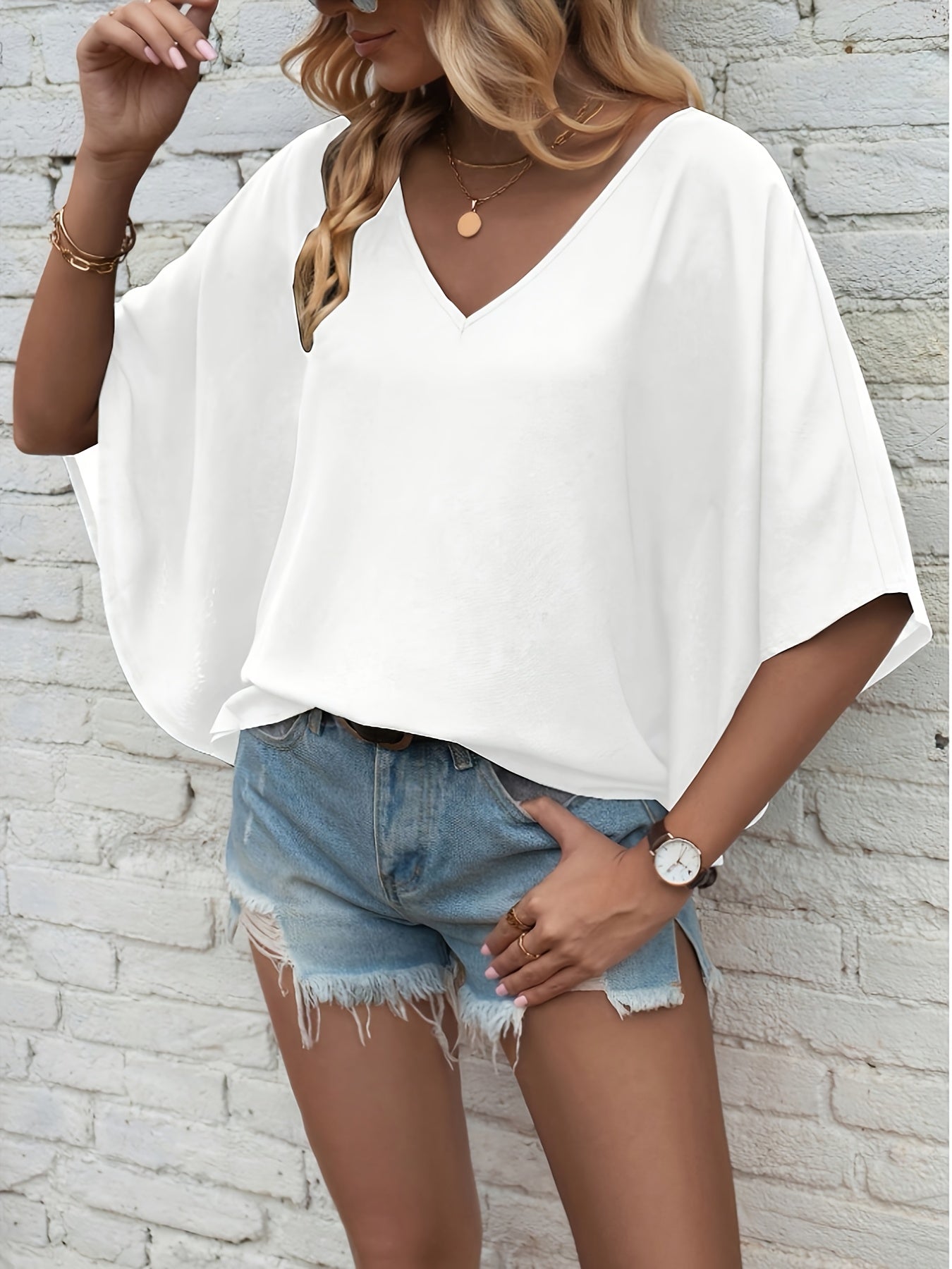 Women's White V-Neck Batwing Sleeve Blouse Casual Short Sleeve Loose Fit