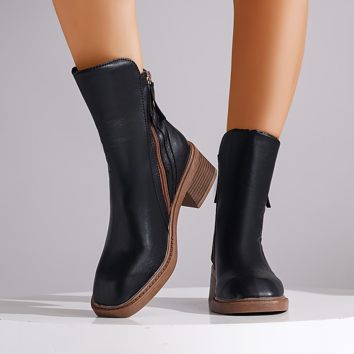 Ayollar uchun faux charmli qattiq poyabzal, zippersi bilan, qora, qishki poyabzal