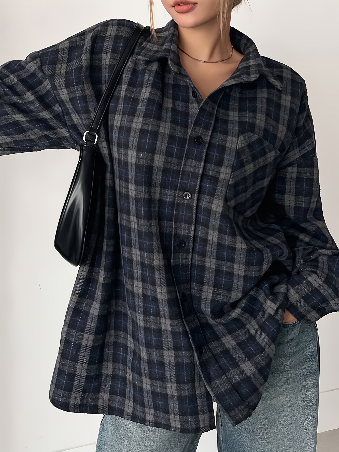 Women's Plus Size Plaid Long Sleeve Button Front Shirt