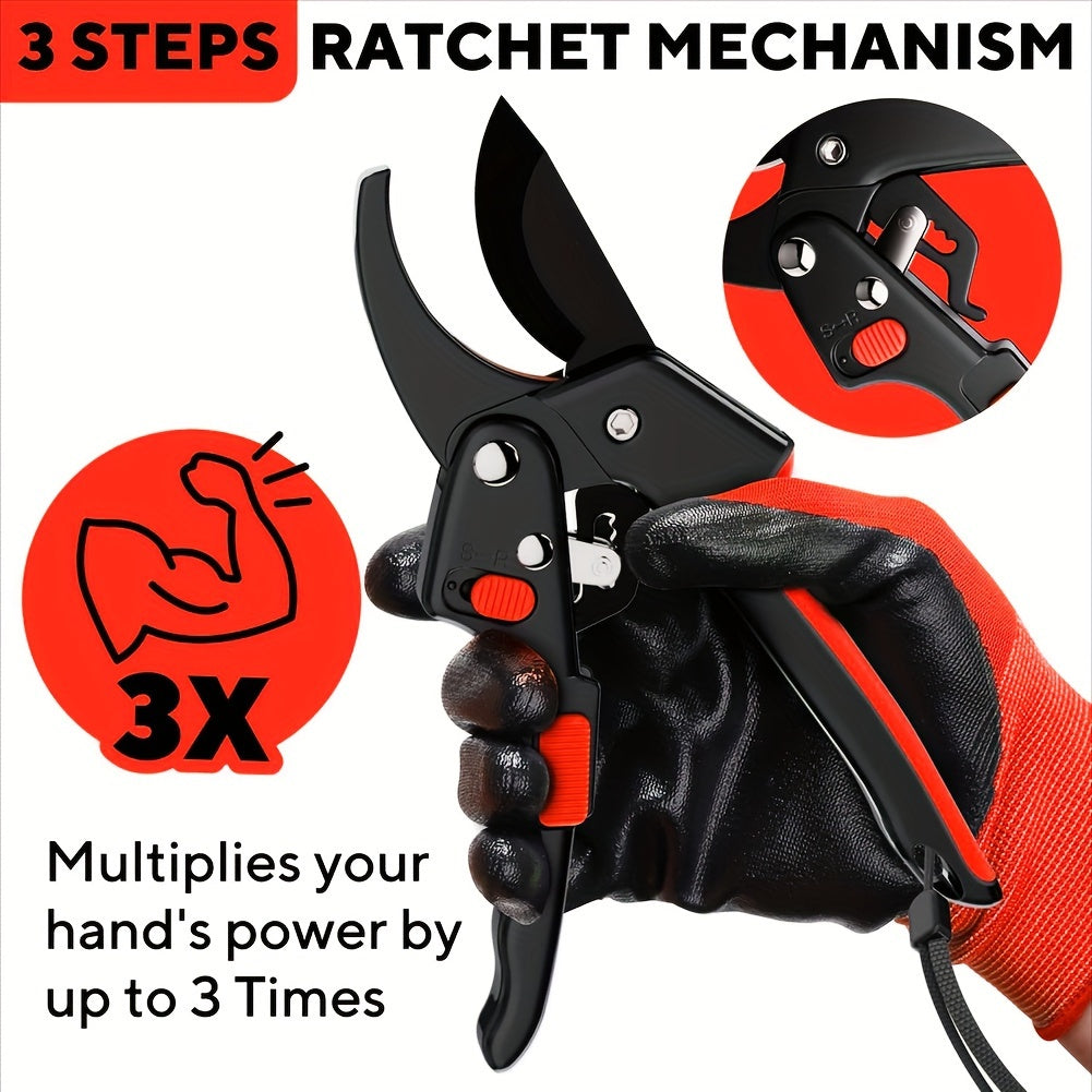 20.32 sm og'ir yuk ko'taruvchi ratchet qirqish qaychisi, juda o'tkir pichoq va ergonomik sirpanmaydigan tutqich bilan qalin shoxlarni oson kesish uchun.