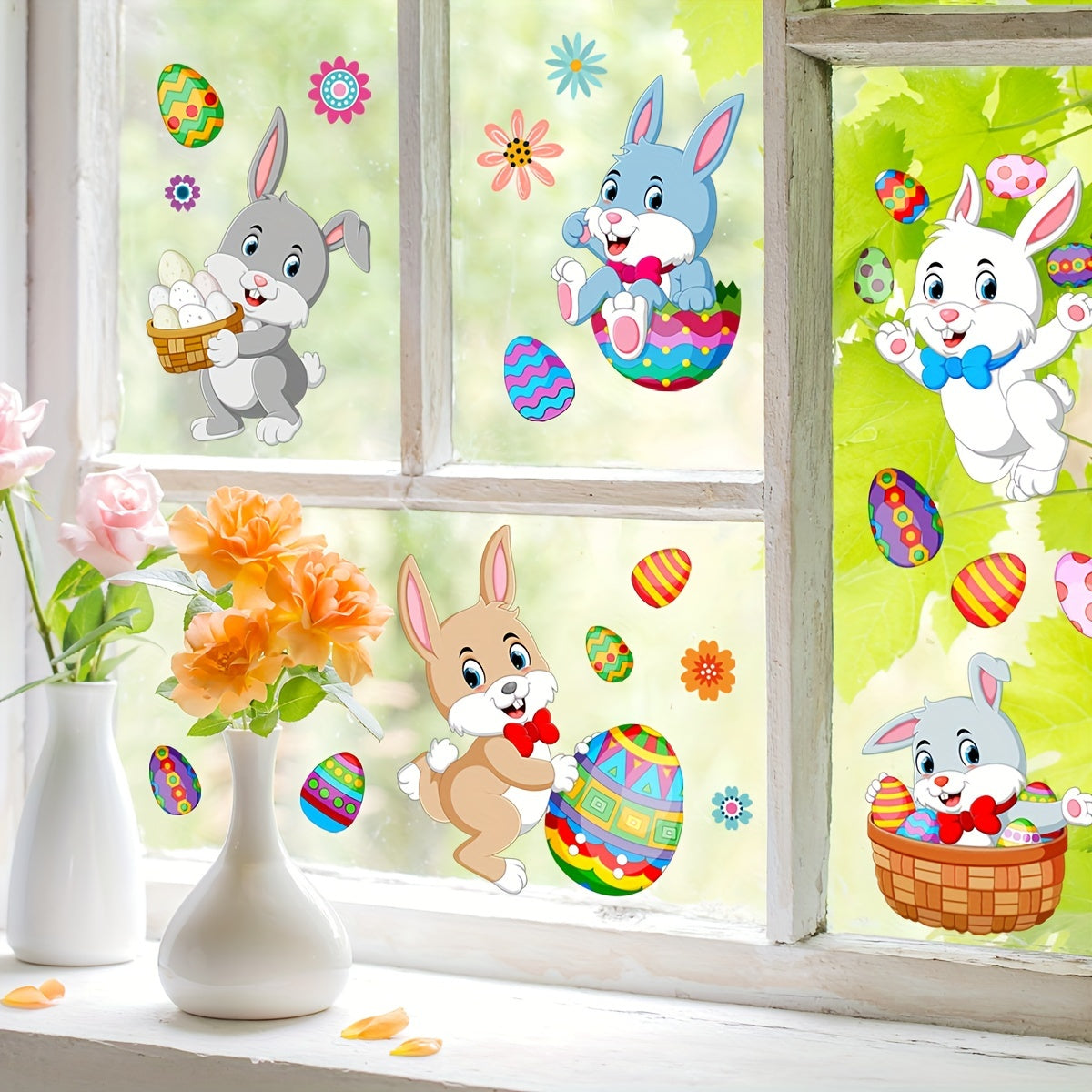 Set of 2 Easter Bunny and Egg Glass Window Stickers 20x30cm for Decor