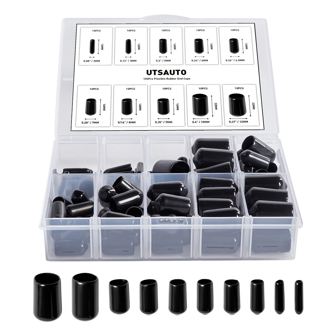 100Pcs Flexible Rubber End Caps Kit for Tubes and Screws in 10 Sizes