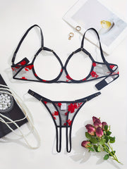 Women's Black and Red Floral Lace Lingerie Set with Bralette and Thong