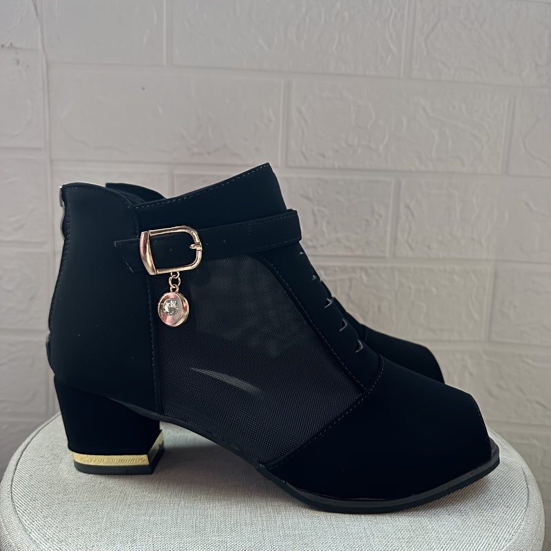 Black Mesh Ankle Boots with Chunky Heel and Zipper for All Seasons