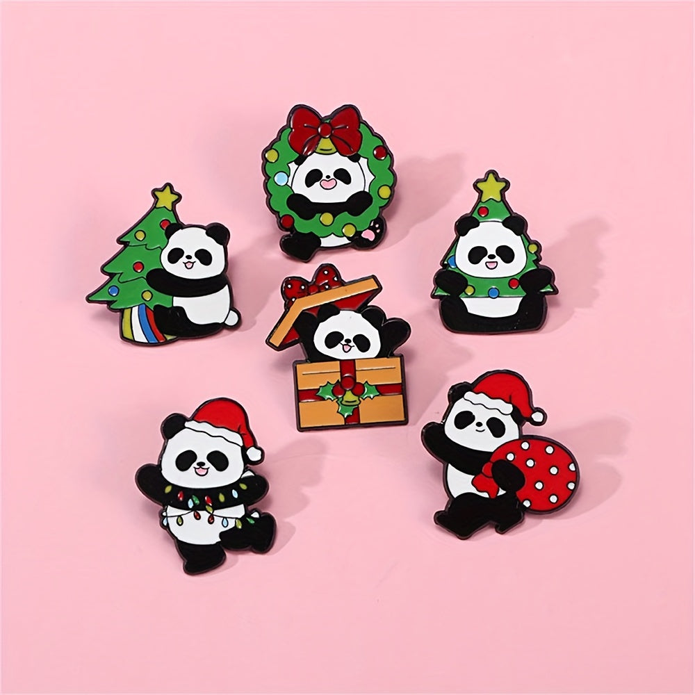 6 ta Cartoon Panda Enamel Pins to'plami, Rojdestvo ta'tili uchun dekorativ yelka belgilari, sumkalar va kiyimlar uchun