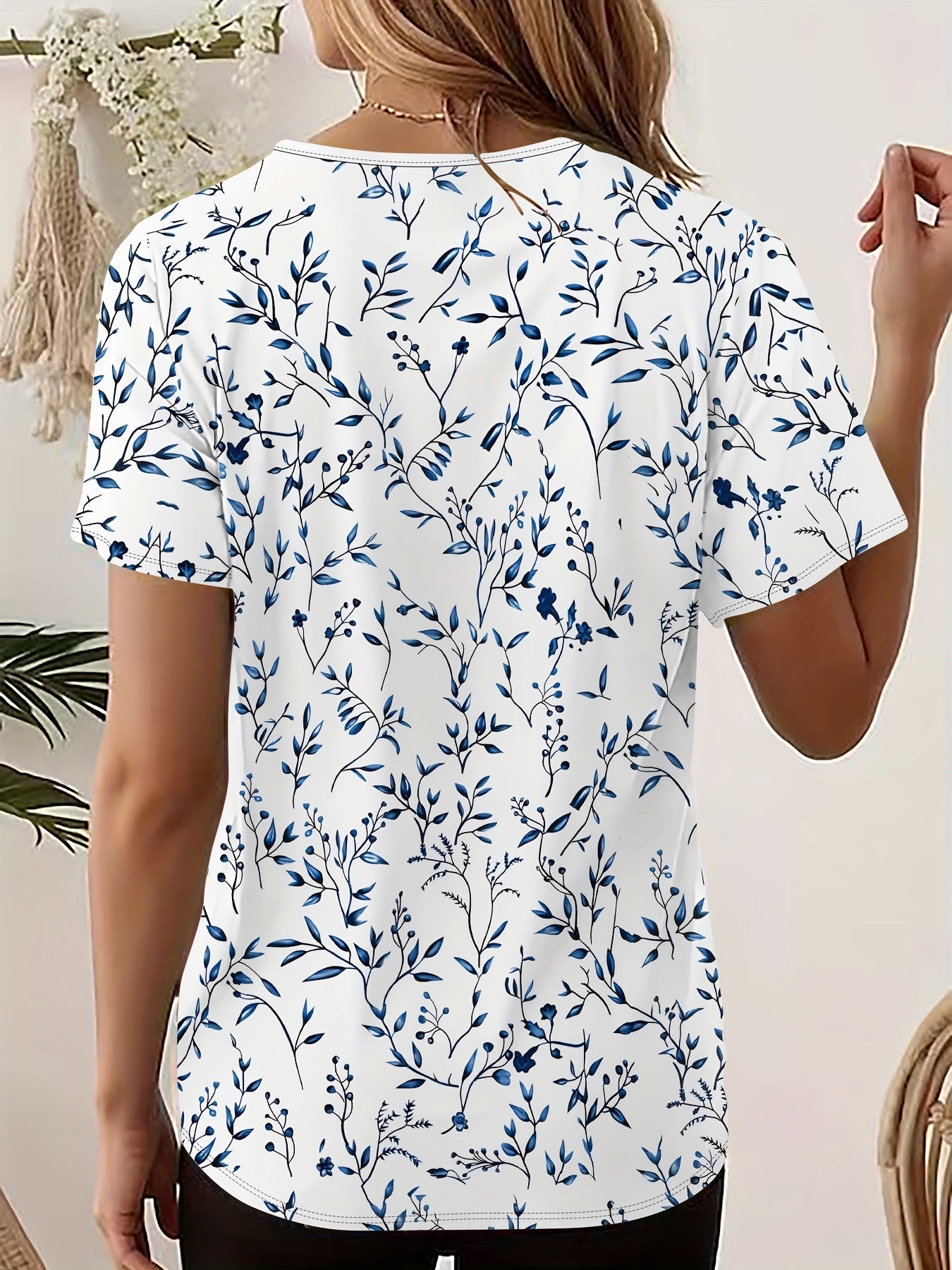 Plus Size Women's 3D Printed Floral Cotton T-Shirt Short Sleeve Blue White All-Season