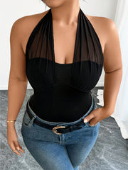 Женская блузка большого размера из сетки с халтером, черная, с переплетающимся узлом спереди, стильная вечерняя