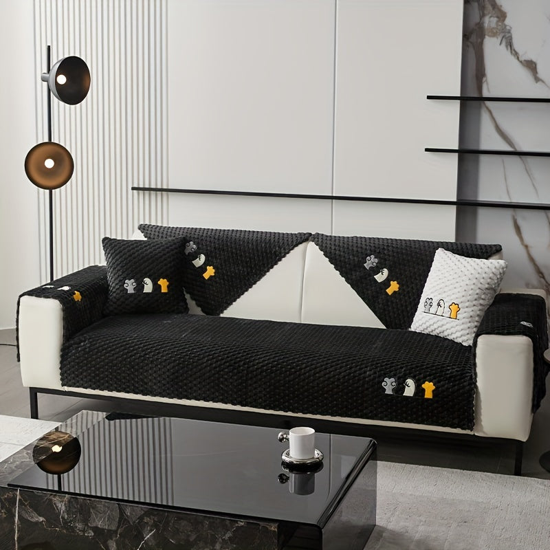 Современный флисовый чехол для дивана с вышитым дизайном, защита для мебели, дружелюбная к питомцам, плюшевая накидка для различных диванов. Однослойный дизайн с противоскользящей подкладкой для домашнего и офисного декора.