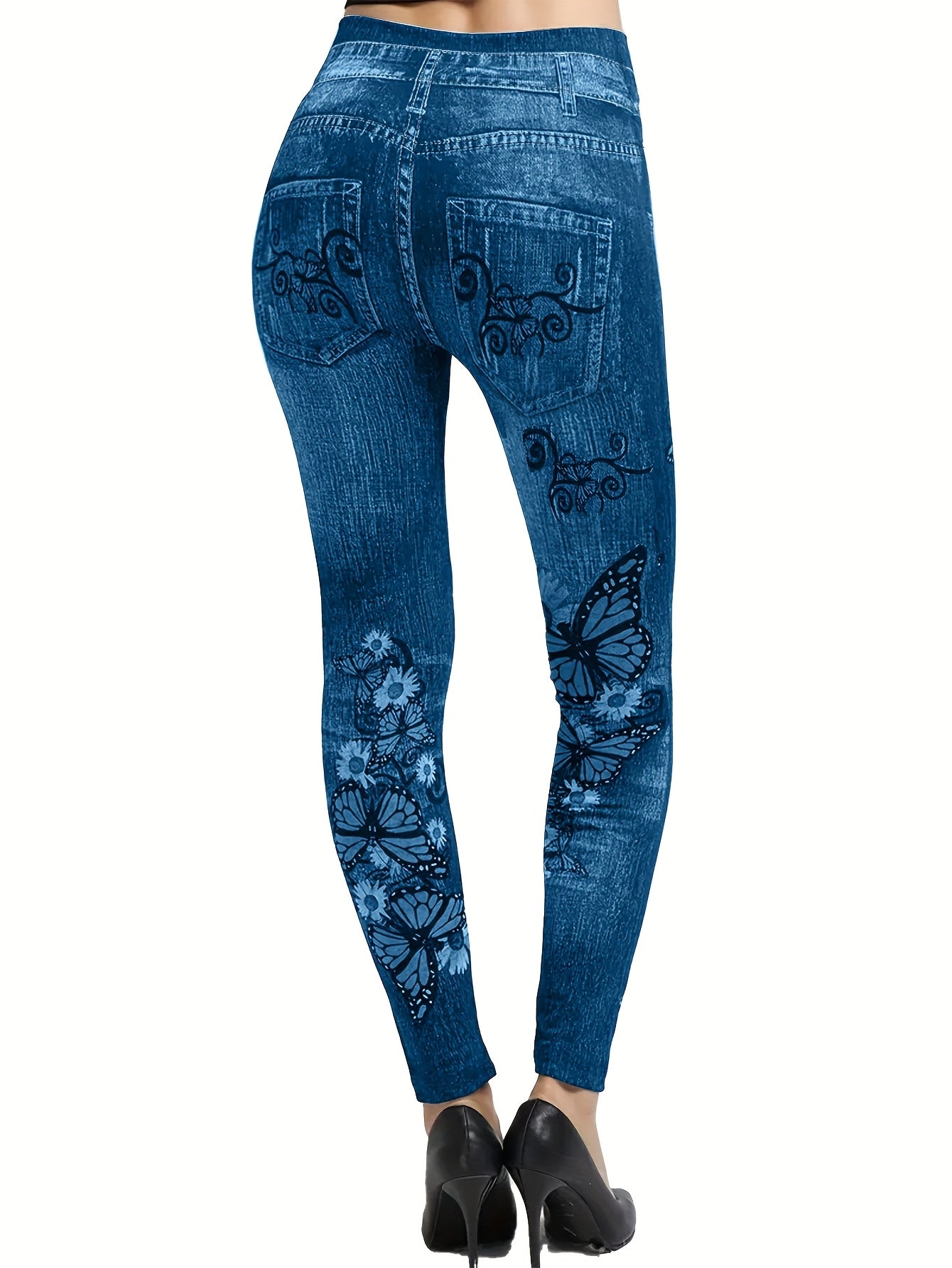 Women's Plus Size Faux Denim Leggings with Floral Print Casual Stretch
