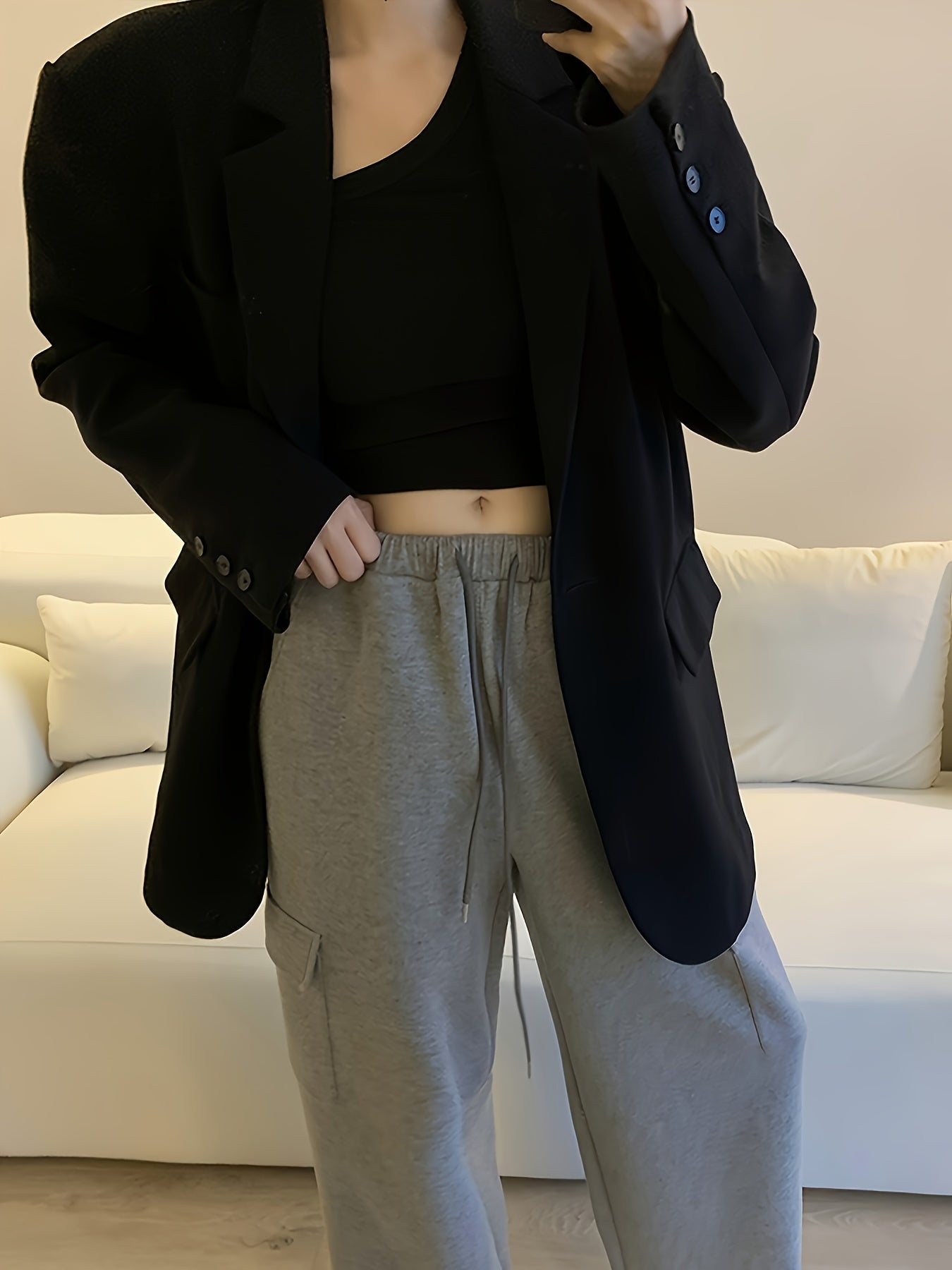 Women's Gray Polyester Blazer with Button Detail for Work and Casual Wear