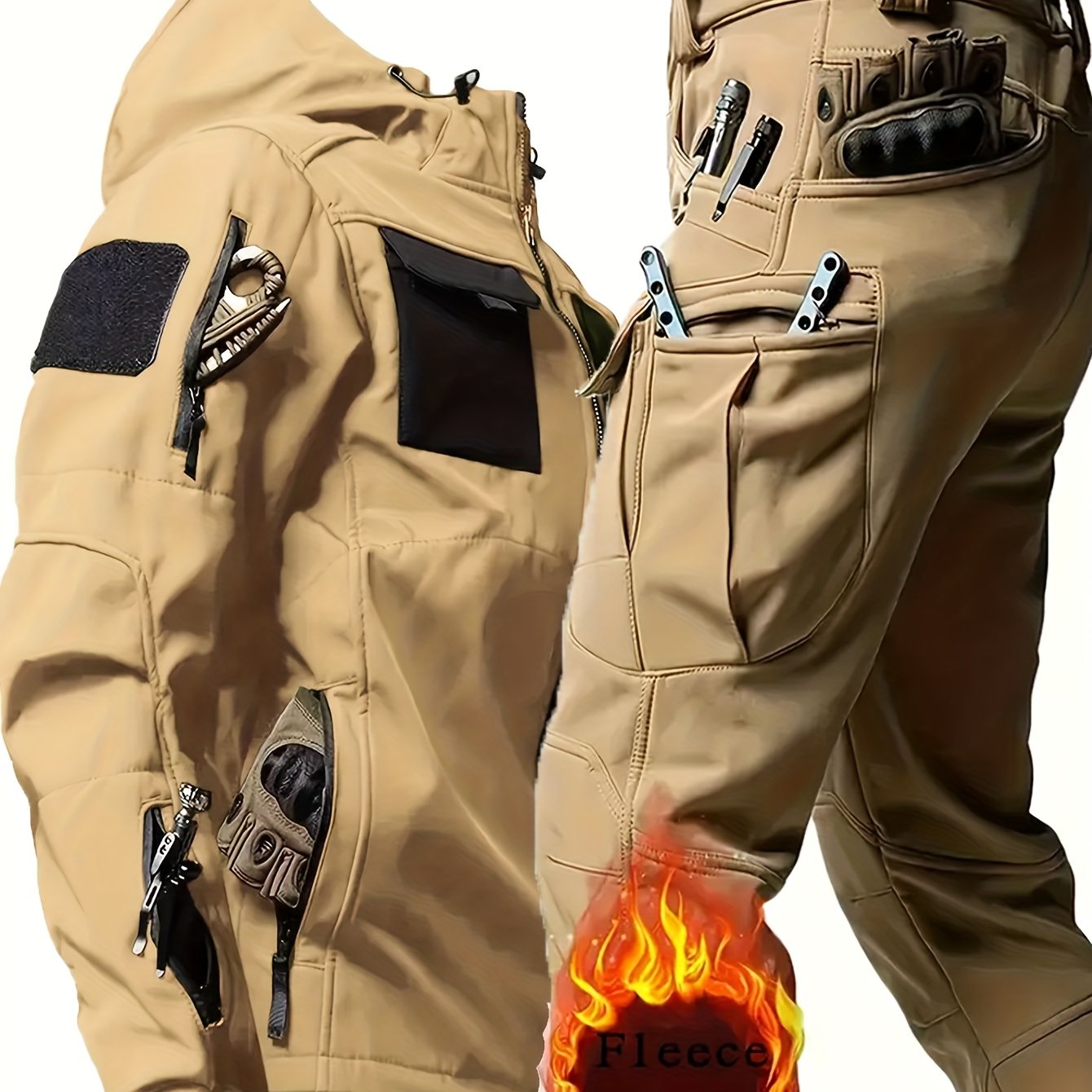 Conjunto de chaqueta y pantalones de senderismo para exteriores para hombre, a prueba de viento y cálido, con múltiples bolsillos, poliéster