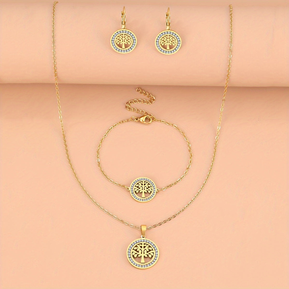 Bohemian Style 3-Piece Tree of Life Jewelry Set Copper Gold Plated Synthetic Zirconia for Parties Weddings