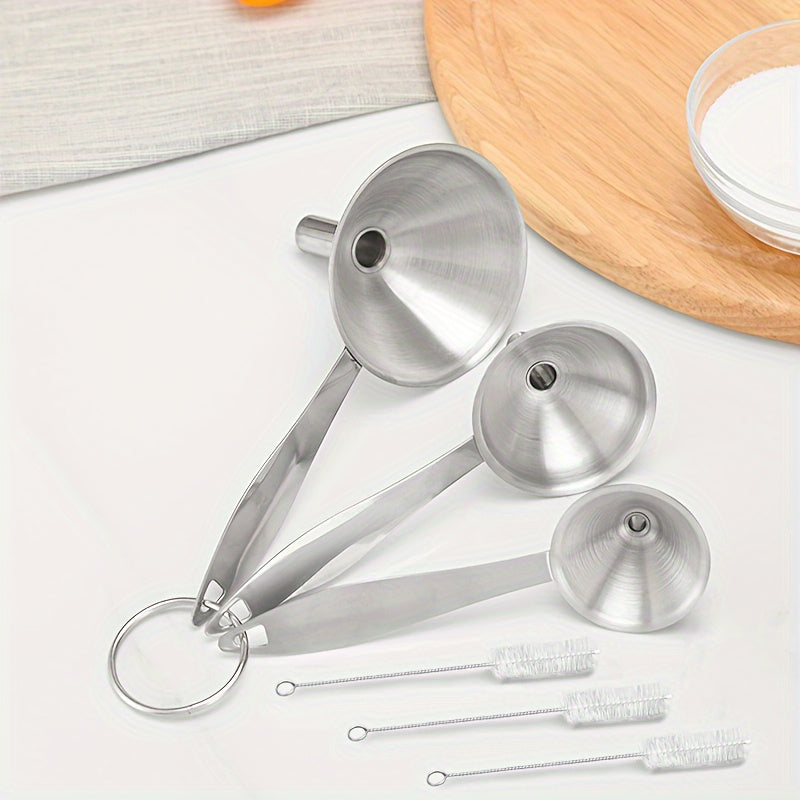 Set of 6 Stainless Steel Funnels with Long Handles and Brushes for Oil and Wine Transfer