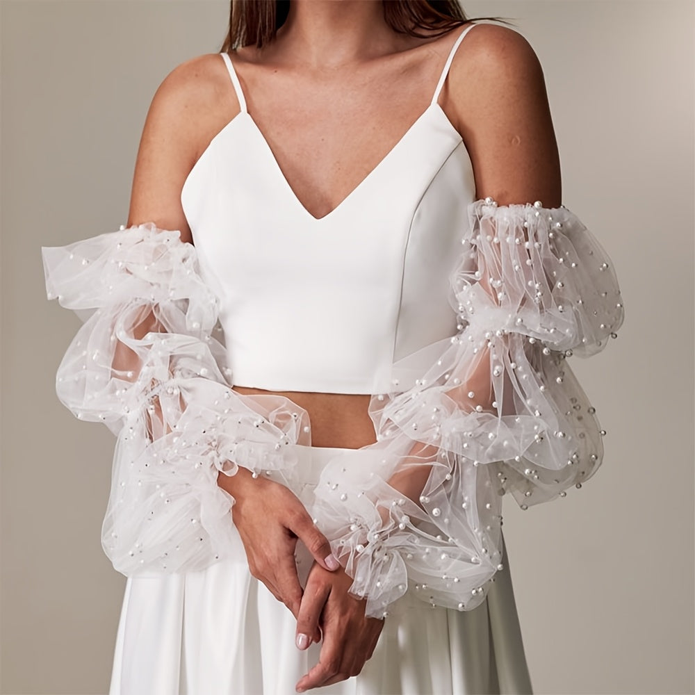 Bridal Pearl Sleeve Cover Beaded Puff Wedding Accessory for Women