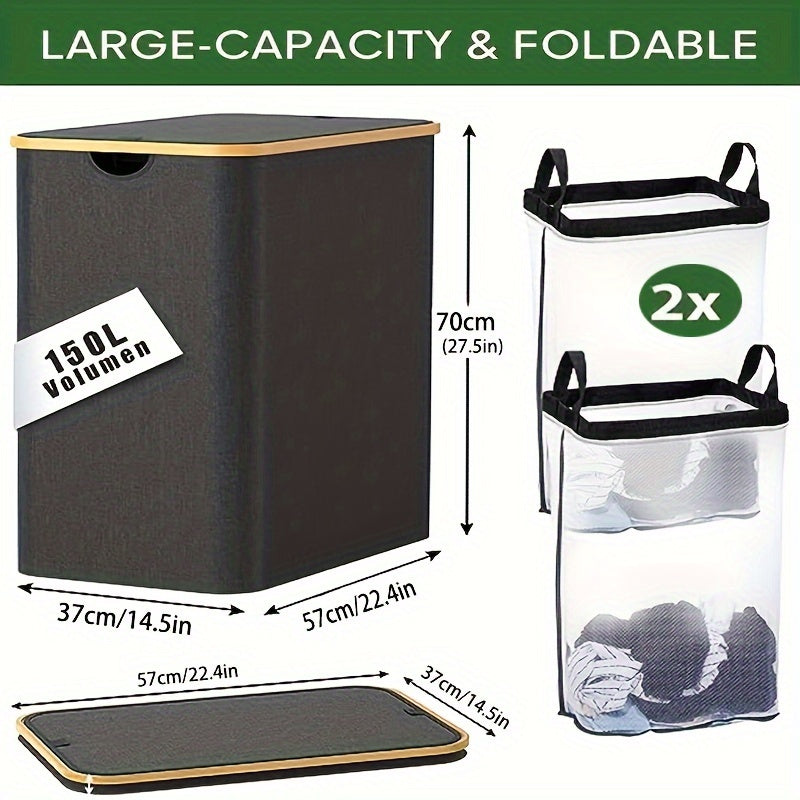 Large Capacity Double Layer Laundry Basket with Lid and Removable Washable Bags
