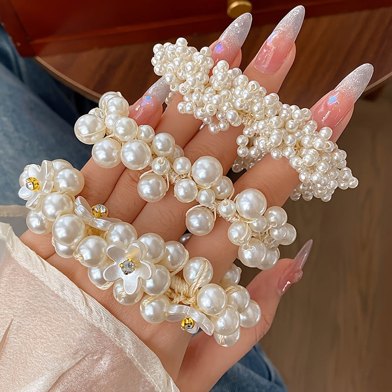 Set of 3 Faux Pearl Hair Loops with Elastic Ties for Women