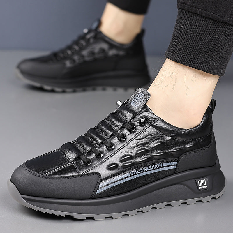 Men's Leather Casual Sneakers Black Gray Crocodile Pattern Rubber Sole Lace-Up Low Top