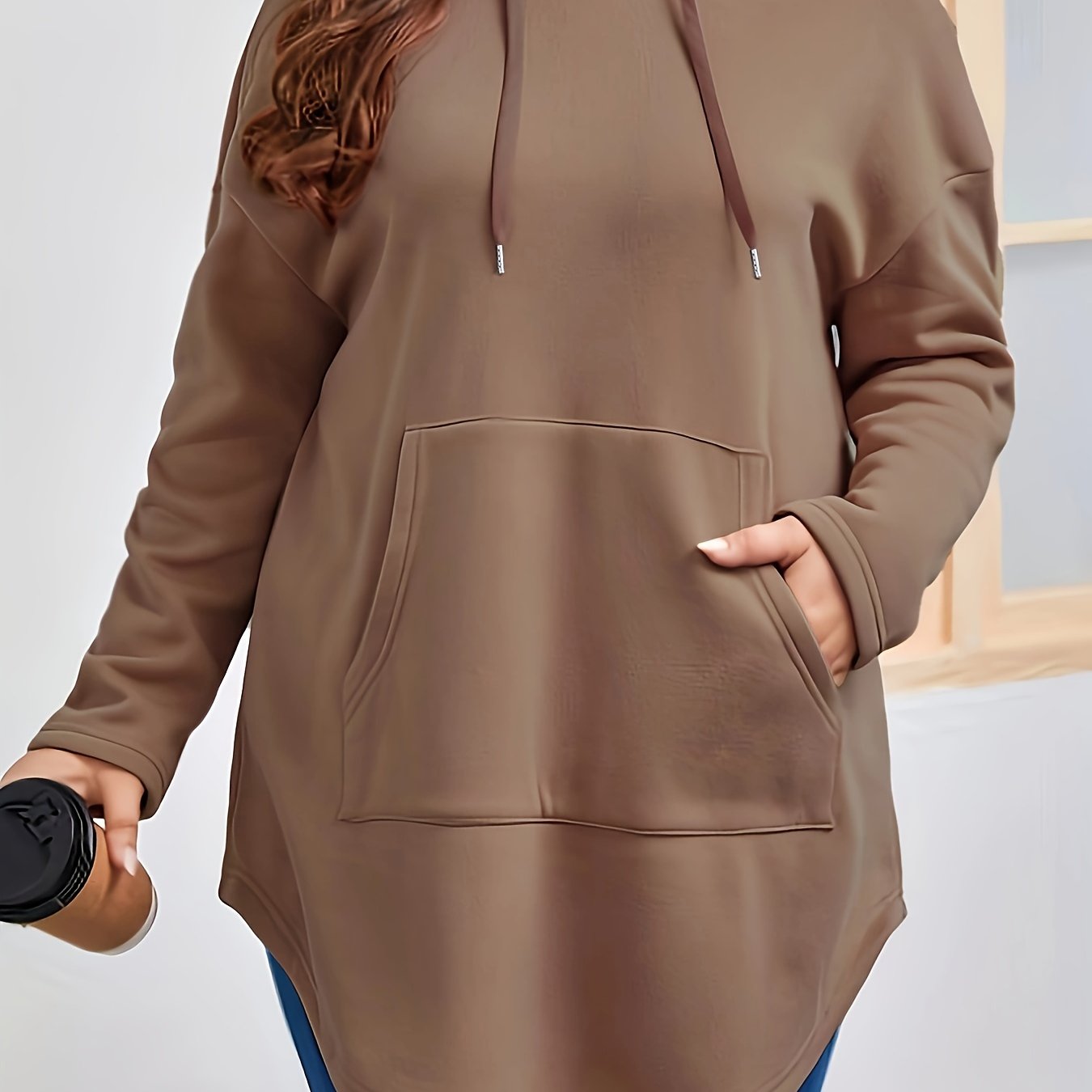 Ayollar uchun plus o'lchamli dengiz bo'yi ko'k hoodie, kangaroo cho'ntagi bilan, kundalik uzun qo'l kiyim, sweatshir