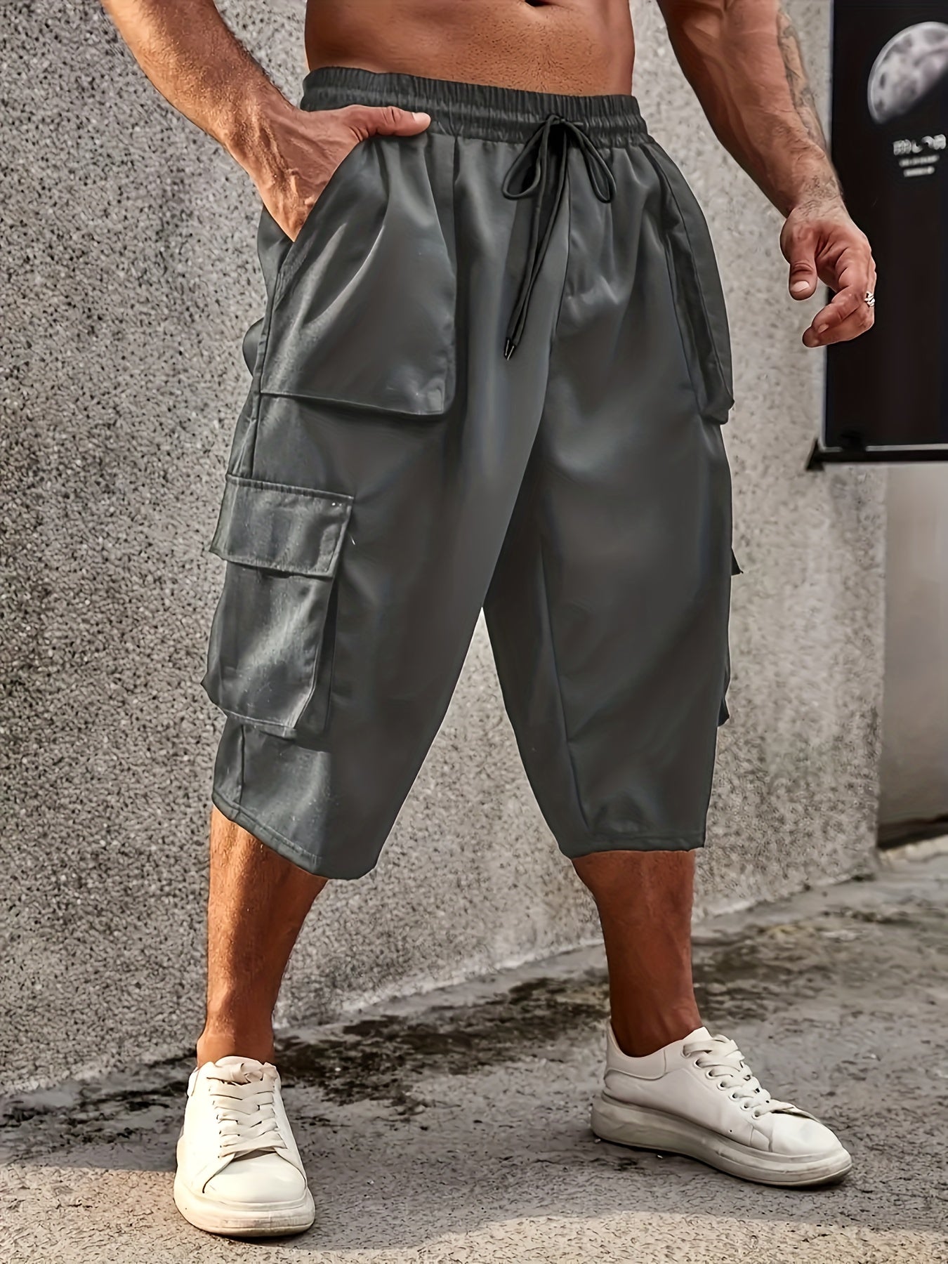 Men's Plus Size Cargo Pants Loose Fit Drawstring Pockets Breathable Polyester