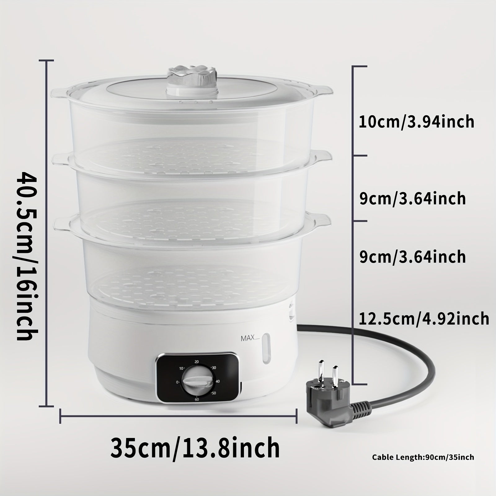 1 EU LIPWEL bug'lamali pech, 13L sig'imli, 800W, 3 ta konteyner, 60 min taymer, 2 ta suv kirish joyi, oq rang, stackable savat. Sabzavotlar, tuxum, guruch va mol go'shtini bug'lash uchun juda yaxshi.