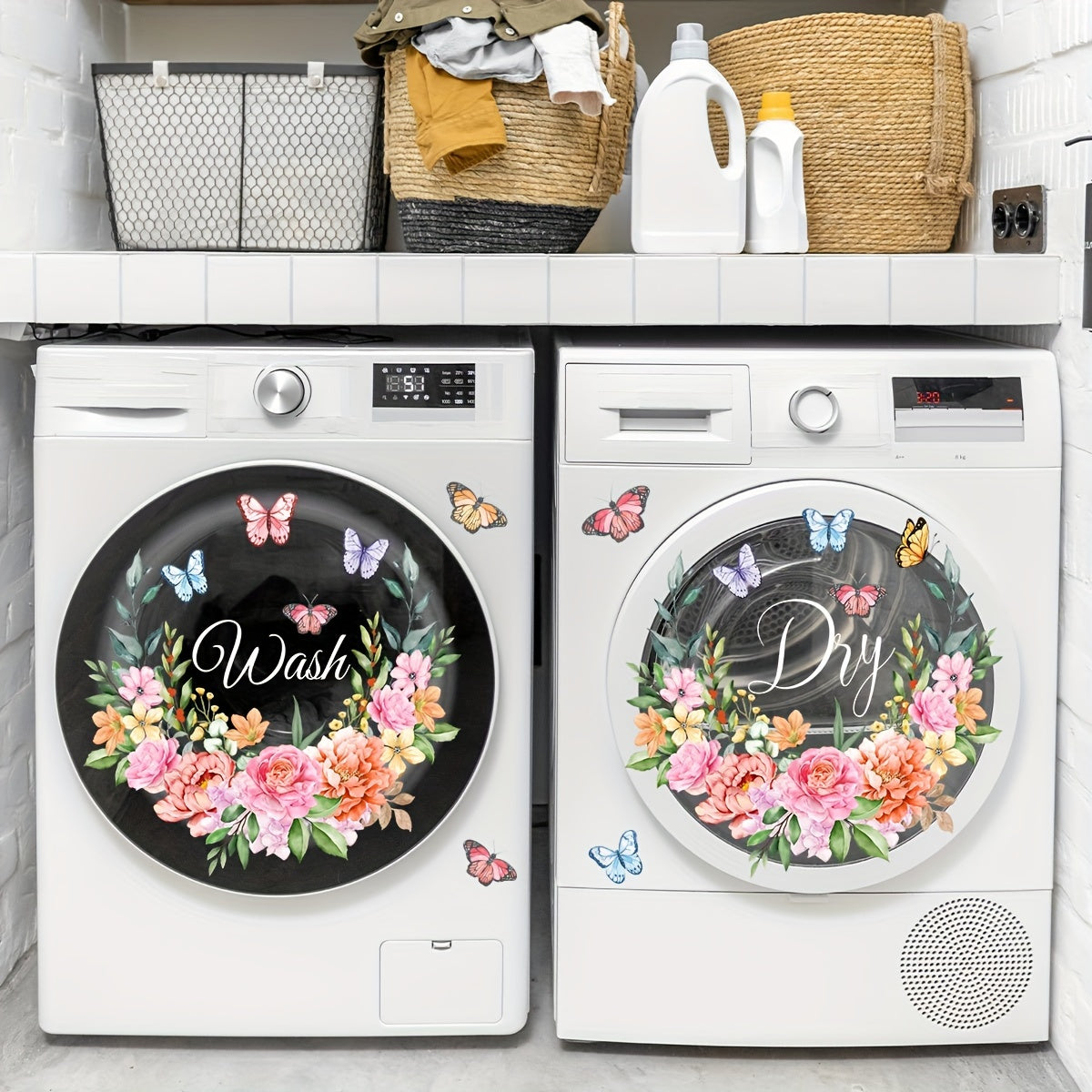 Set of 2 Flower Wash Dry Laundry Room Glass Window Stickers 30x30cm