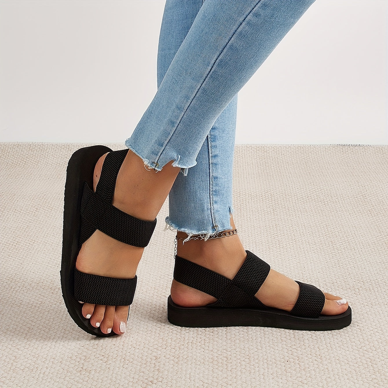 Women's Flat Sandals Faux Rope Sole Breathable Fabric Cushioned Comfortable