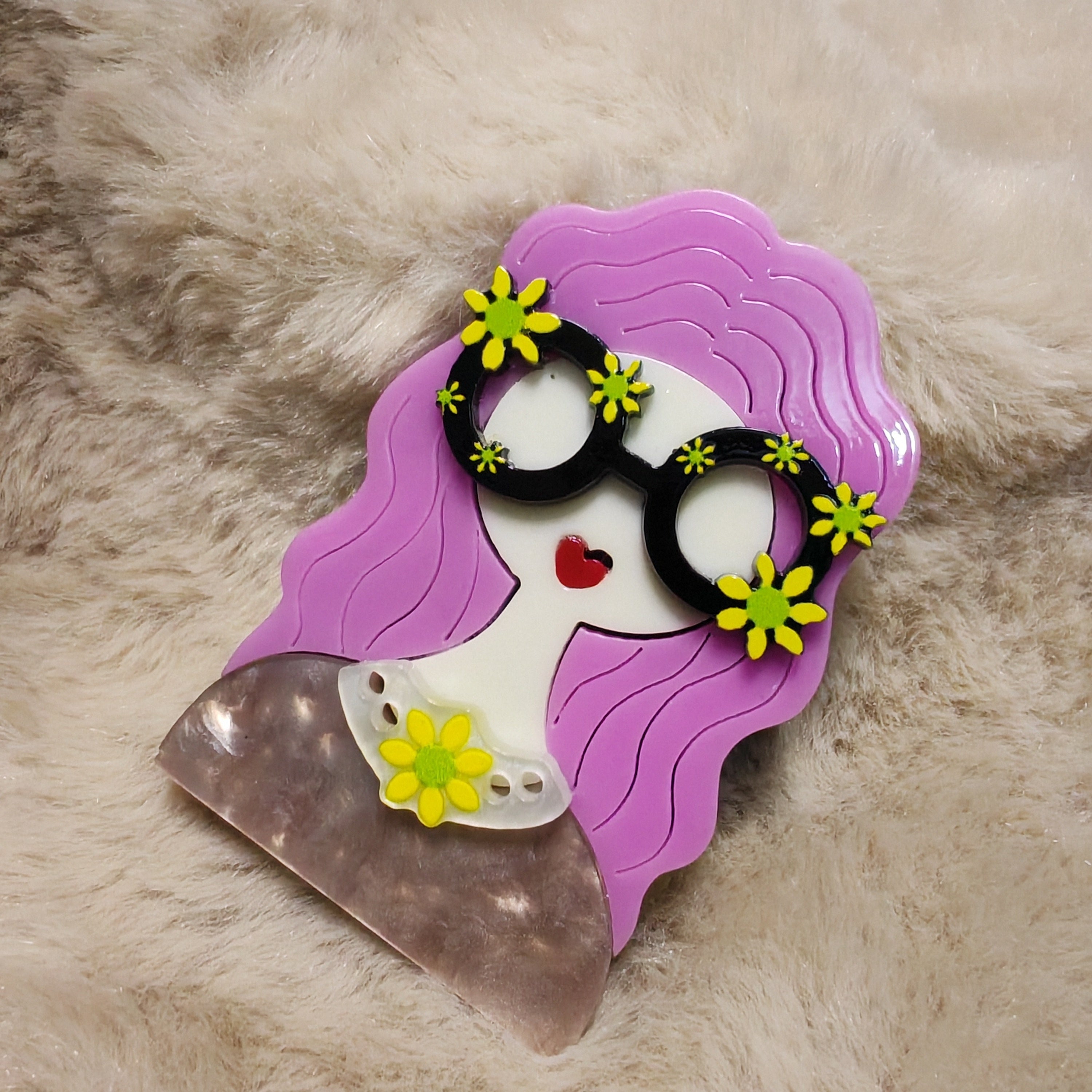 Pink Acrylic Brooch with Floral Glasses Design for Women and Teens