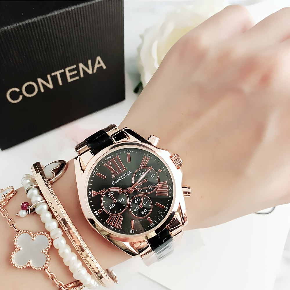 Reloj de mujer en oro rosa con cuarzo, fases lunares y calendario, pulsera de acero inoxidable
