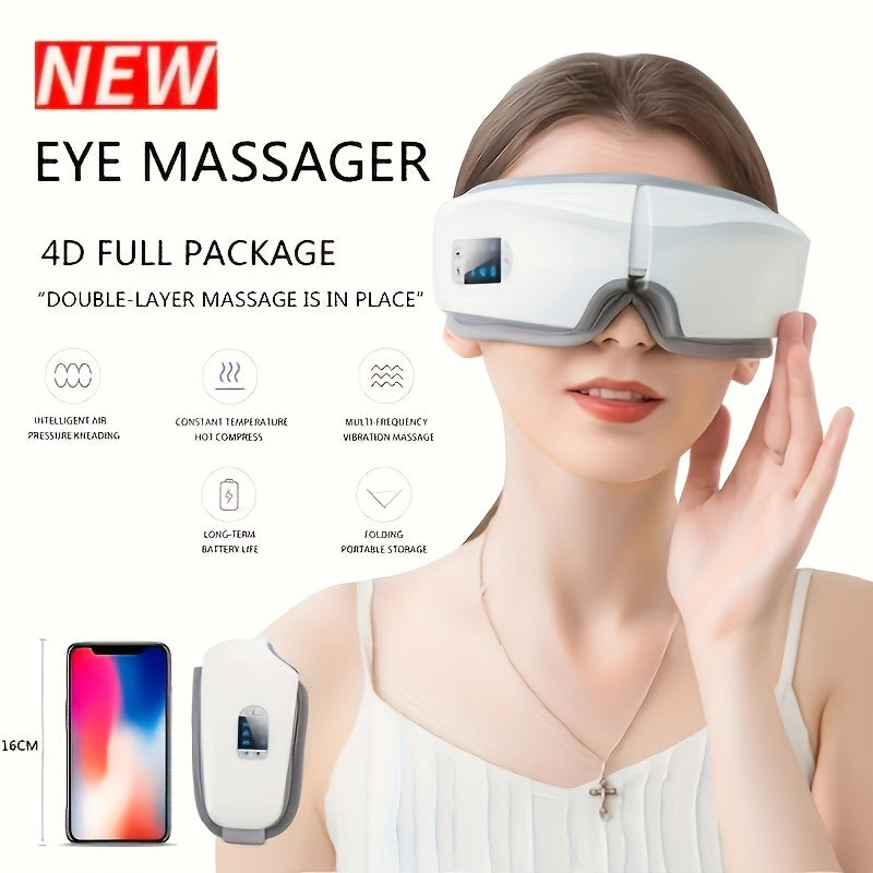 NVNV Smart Eye Massager - bu portativ, qayta zaryadlanadigan qurilma bo'lib, litiy batareyasi, USB zaryadlash, egiluvchan dizayn, havo bosimi vibratsiyasi, 5 ta massaj rejimi, issiqlik terapiyasi va boshga qo'llanilishi mavjud.