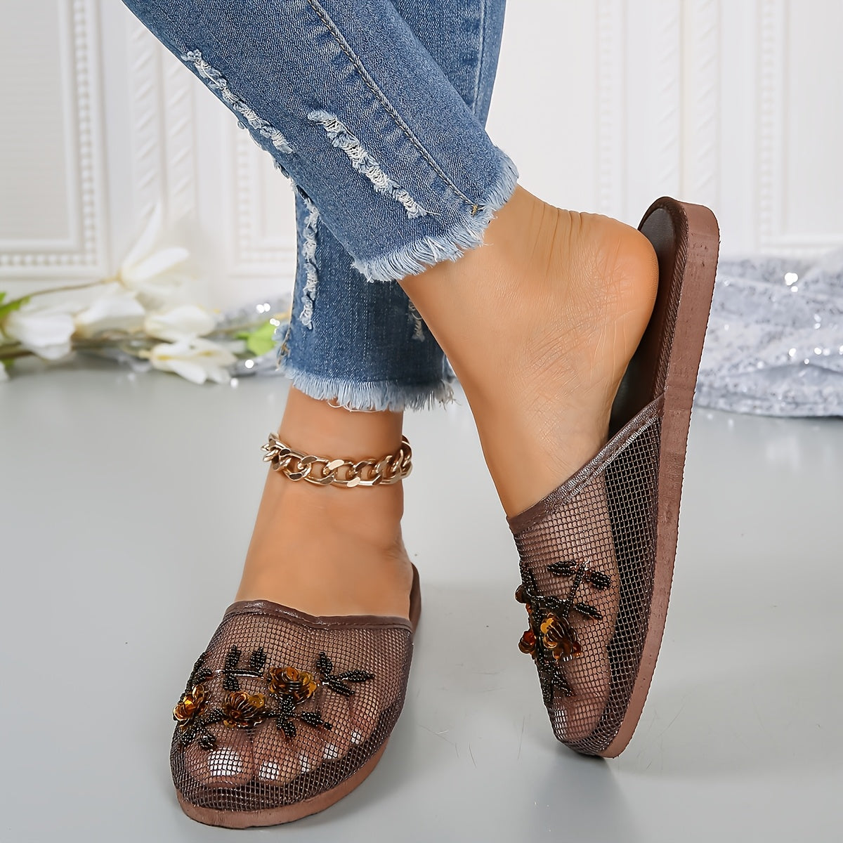 Women's Beaded Floral Slides Lightweight Summer Indoor Shoes Breathable Mesh Almond Toe EVA Sole
