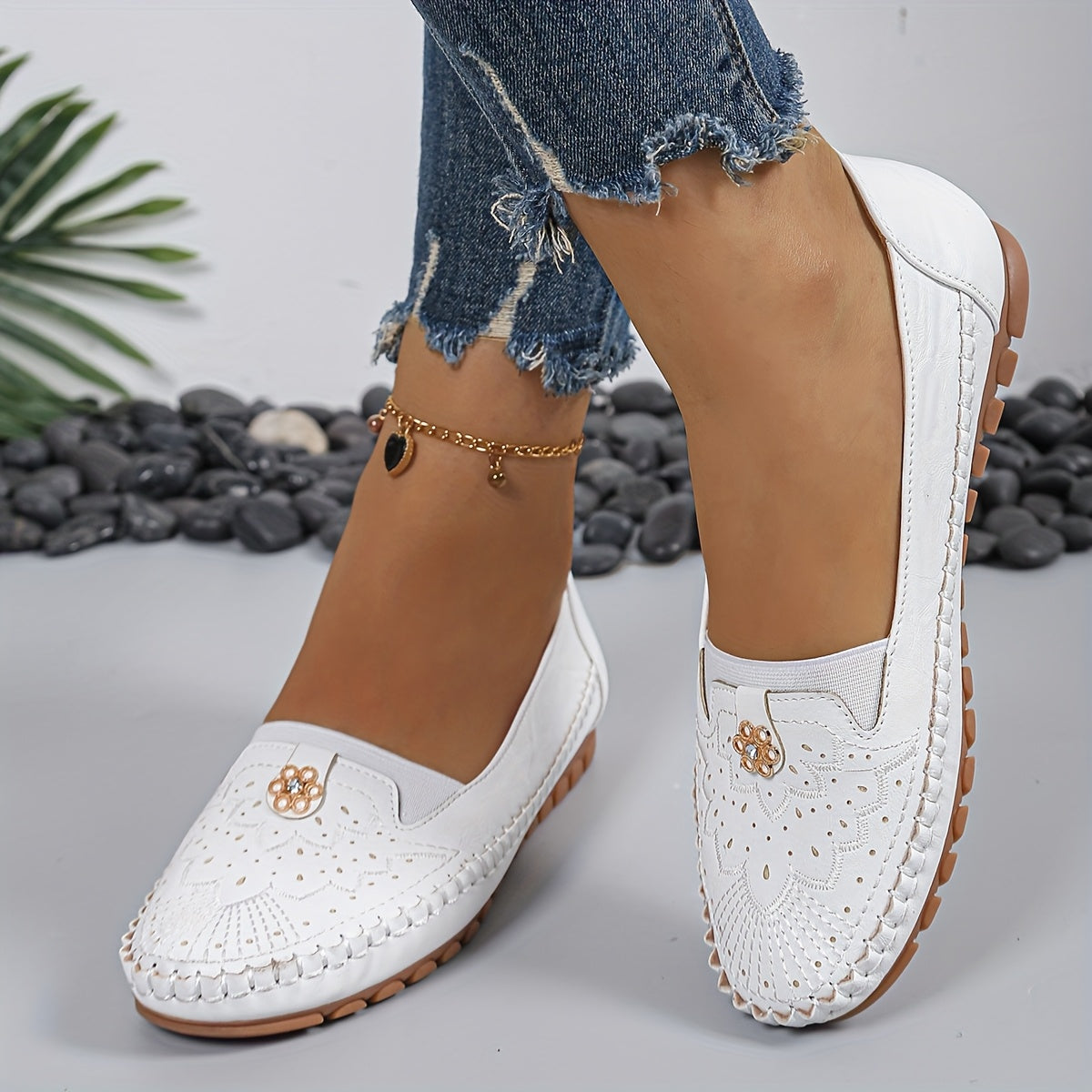 Women's White Embroidered Slip-On Loafers with Gold Accents