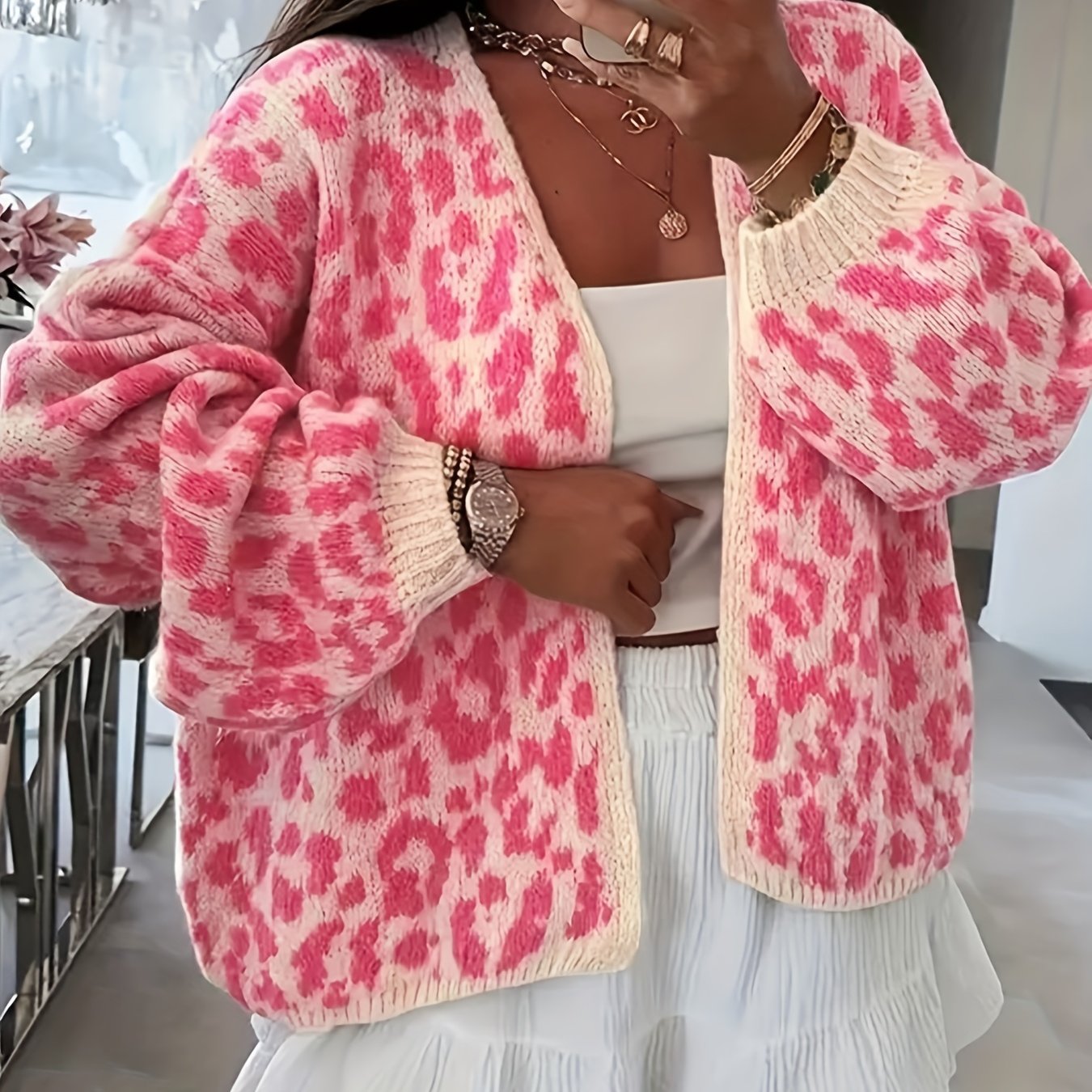 Women's Leopard Print V-Neck Cardigan Long Sleeve Open Front Sweater