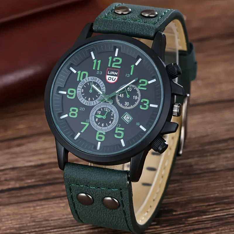 Men's Quartz Watch and Bracelets Set with Round Calendar Dial and Leather Straps