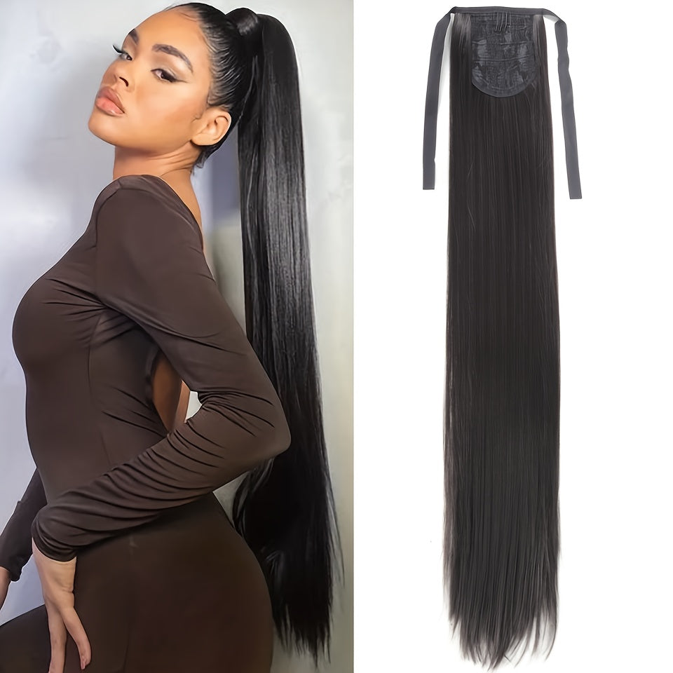 Women Black Synthetic Straight Ponytail Hair Extension 81.28cm Drawstring Style