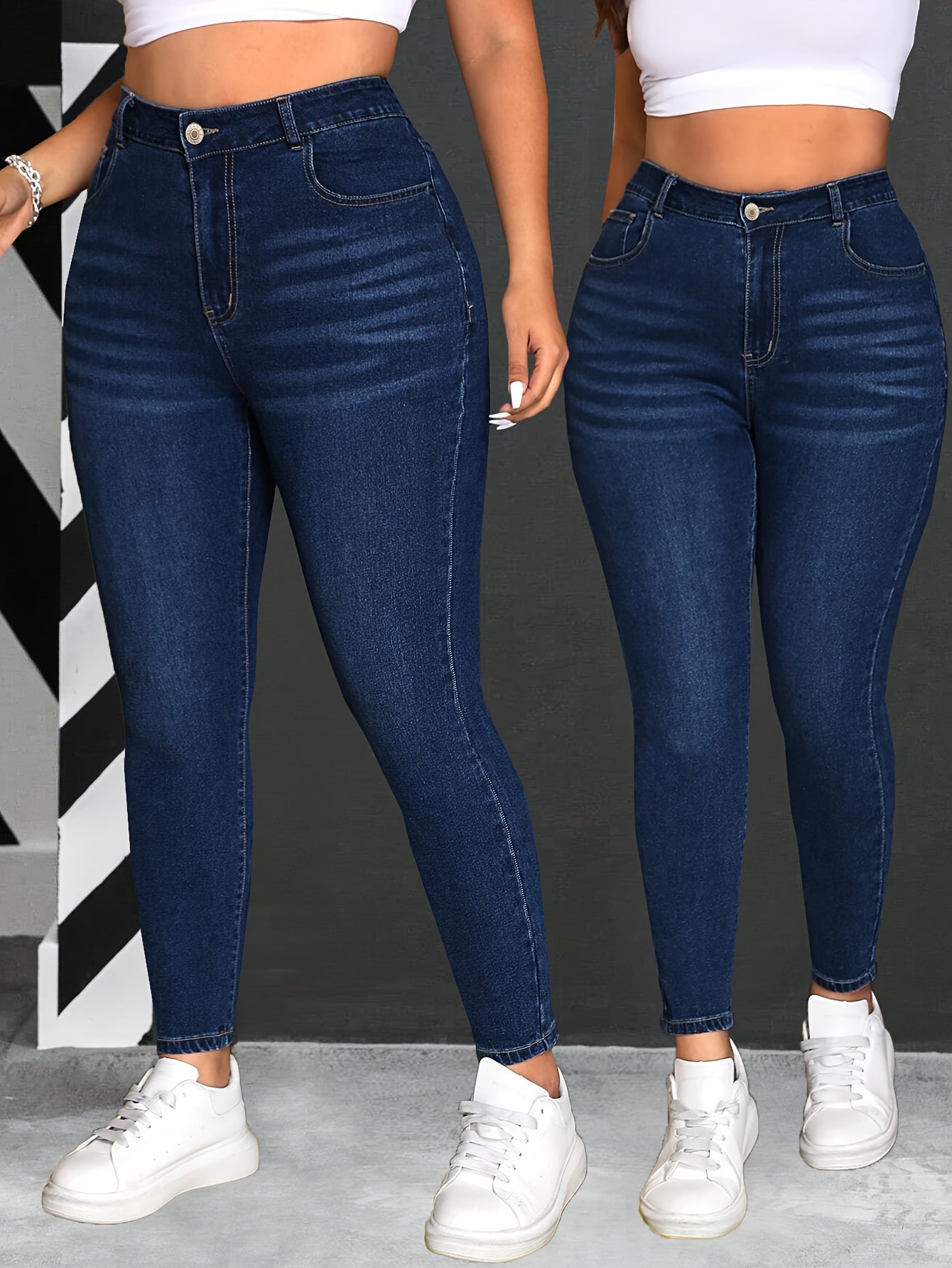 Plus Size High Stretch Skinny Jeans Solid Color Denim Cotton Blend Long Length Woven Pants