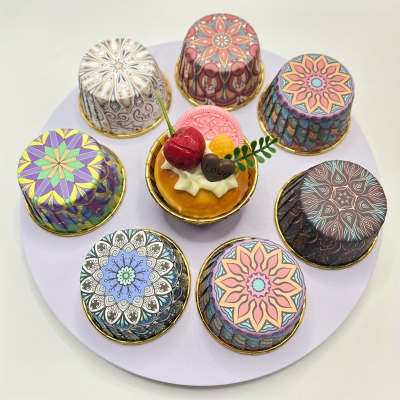 Pack of 50 Large Bohemian Style Gold Paper Cupcake Liners for Muffins and Desserts