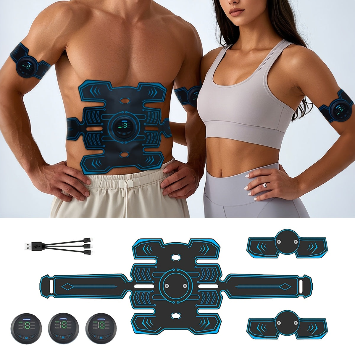 Пояс для спортивного массажа EMS, трехчастный комплект с TENS-стимулятором мышц, 6 режимов, 18 уровней интенсивности для живота, ног, рук