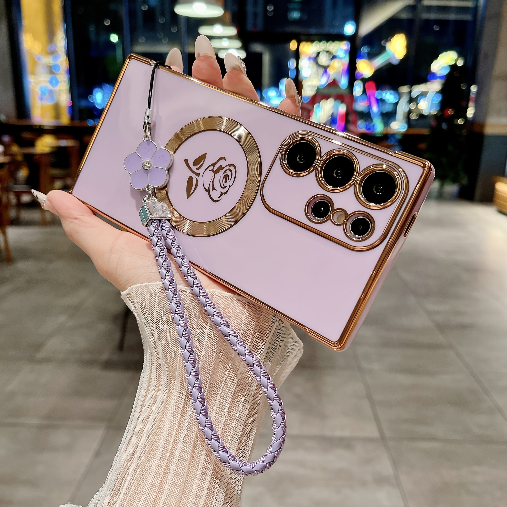 Magnetic Wireless Charging Woven Flower Lanyard Phone Case for Samsung Galaxy S21 S22 S23 S24 Ultra