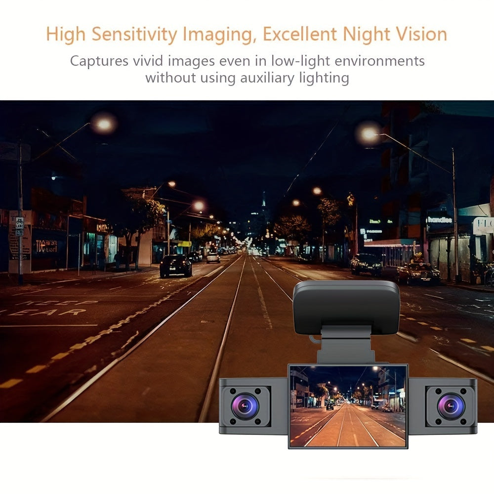 Cámara de tablero para coche de 3 canales con monitor de estacionamiento con visión nocturna 1080p DVR